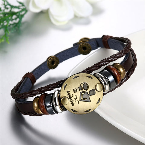 Brown Leather Zodiac Sign Bracelet